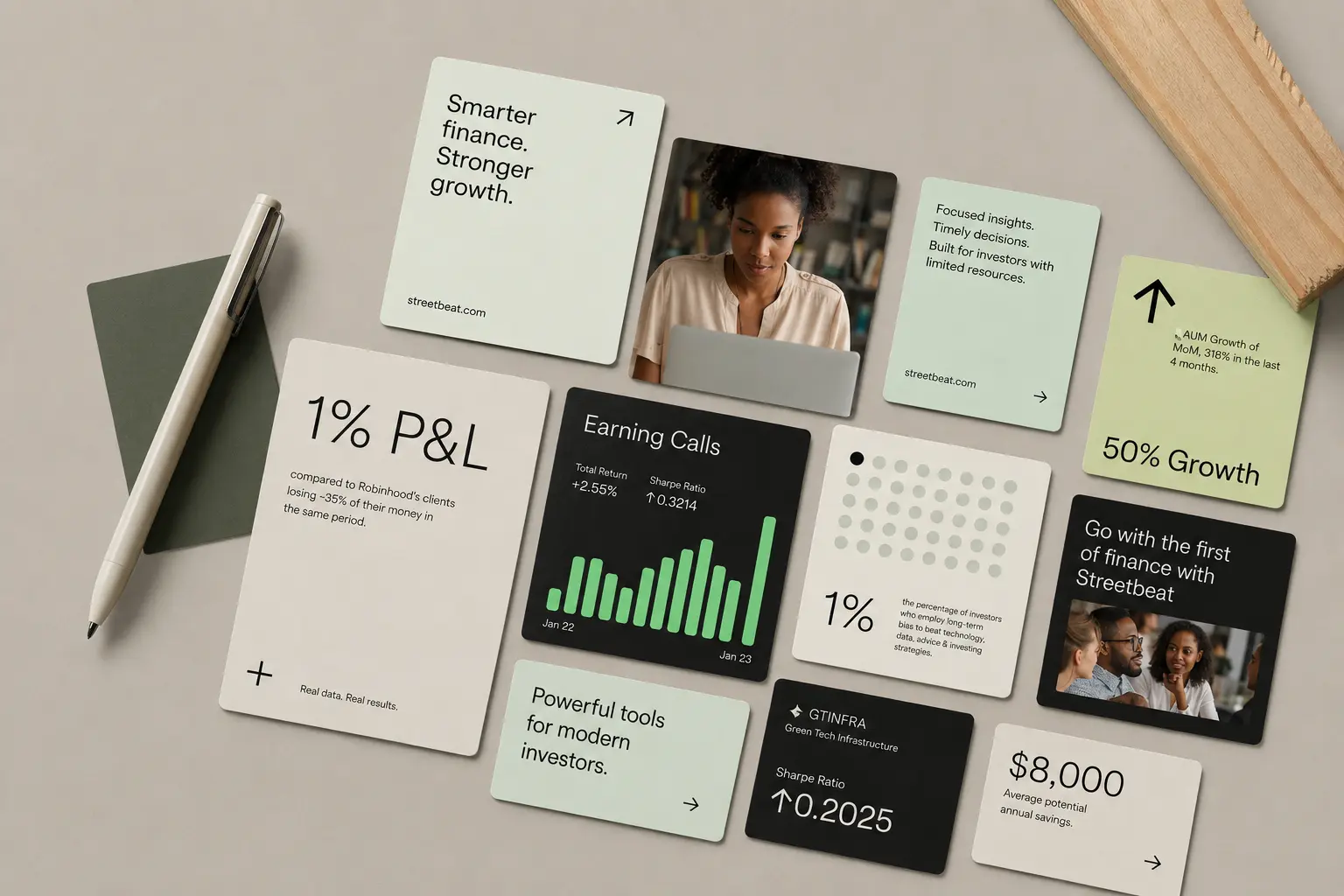 Printed product dashboards and analytics cards laid out on a desk