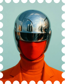 Figure in a chrome helmet and orange turtleneck